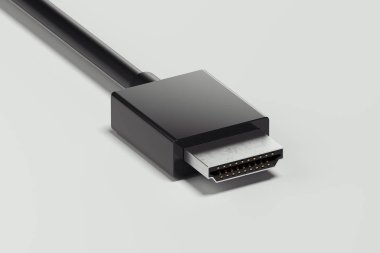 Beyaz arka plan üzerinde izole siyah gerçekçi HDMI kablosu. 3D render