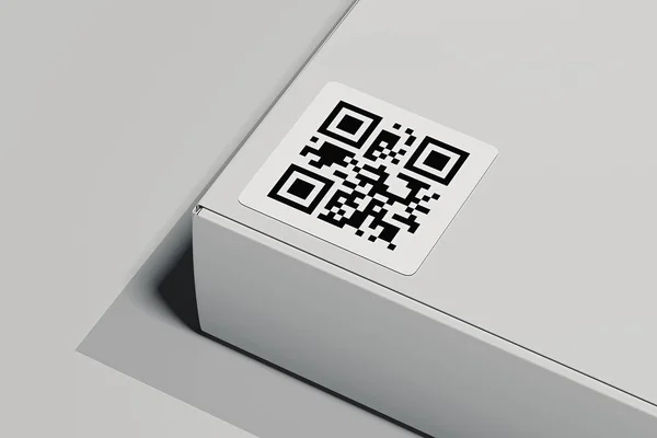 Qr-Code auf weißem Kasten isoliert auf hellem Hintergrund. 3D-Darstellung. — Stockfoto
