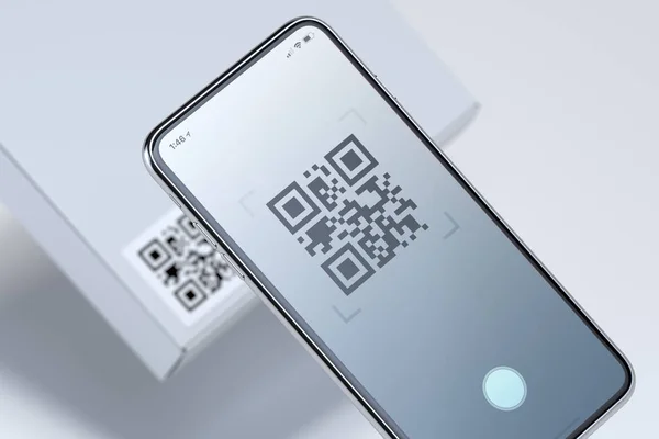 Modern stylish mobile phone scanning QR code on white box. 3d rendering. — Stock Photo, Image