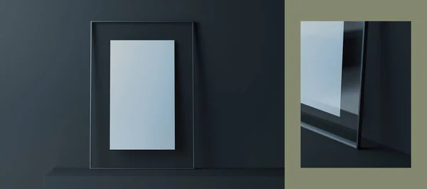 Blank transparent photo frame with blank poster near dark walls, 3d rendering. — Stock Photo, Image