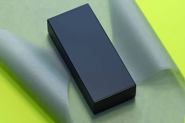 Geïsoleerde zwarte realistische kartonnen doos op helder groene achtergrond. 3D-rendering. — Stockfoto