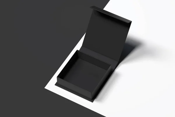 Isolierter schwarzer realistischer Karton auf monochromem Hintergrund. 3D-Darstellung. — Stockfoto