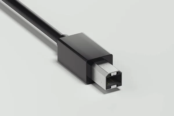 Черный реалистичный кабель USB типа B изолирован на белом фоне. 3d-рендеринг — стоковое фото