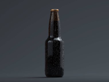 Karanlık bira cam şişe üzerinde siyah artalanları, 3d render, yakın çekim.