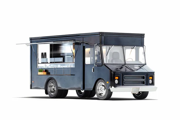 Black realistic food truck isolated on white. 3d rendering. — Stock Photo, Image