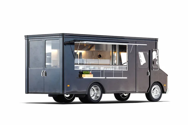 Schwarzer realistischer Food Truck isoliert auf weiß. 3D-Darstellung. — Stockfoto