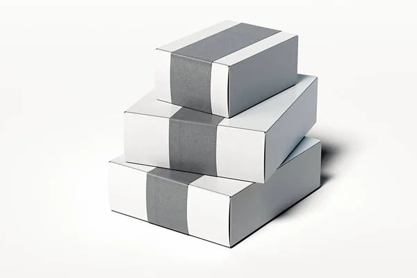 Isolerade vita realistiska pappkartonger på vit bakgrund. 3D-rendering. — Stockfoto
