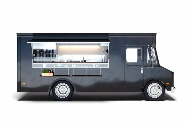 Zwarte realistische voedsel vrachtwagen geïsoleerd op wit. 3D-rendering. — Stockfoto