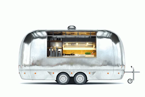 Trailer makanan perak dengan interior rinci terisolasi di atas putih. Rendering 3d . — Stok Foto
