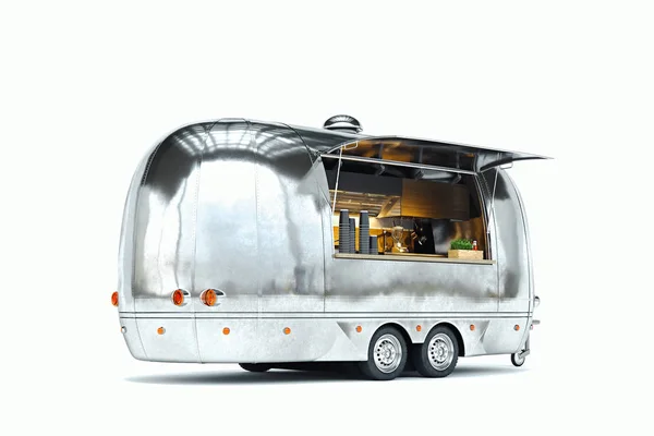 Silver food trailer with detailed interior isolated on white. 3d rendering. — Stock Photo, Image