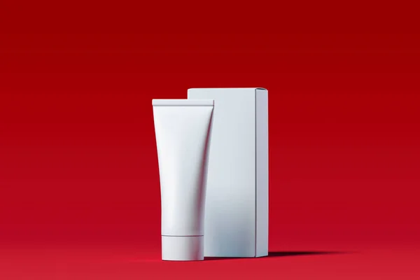 Kozmetik tüp krem, jel, losyon ile beyaz karton kutu. 3D render. — Stok fotoğraf