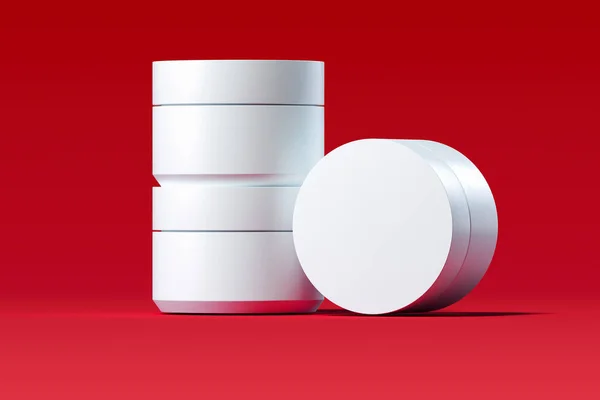Kosmetikflaschen aus Kunststoff für Creme, Lotion auf rotem Hintergrund. 3D-Darstellung. — Stockfoto