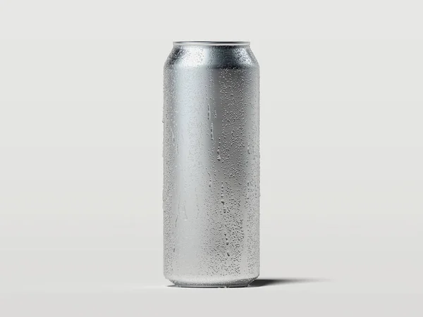 Bière ou canette de soda en aluminium avec gouttelettes isolées sur blanc, rendu 3d . — Photo