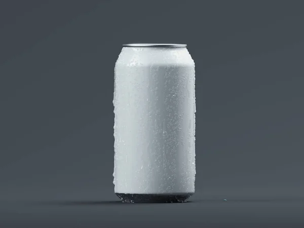铝制啤酒或苏打水罐, 在灰色、3d 渲染上隔离液滴. — 图库照片