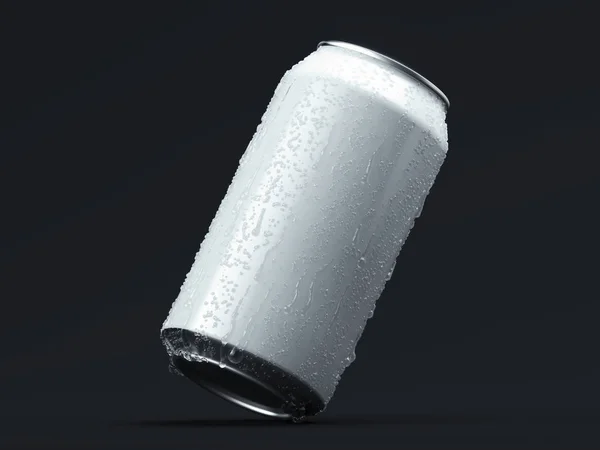 Birra di alluminio o lattina di soda con goccioline isolate su nero, rendering 3d . — Foto Stock