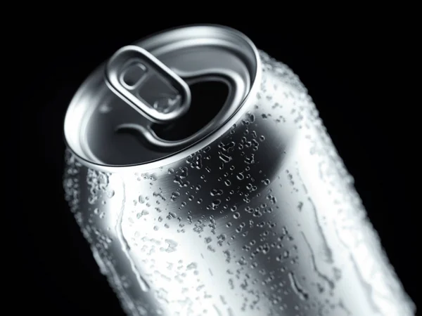 Bière ou canette de soda en aluminium avec gouttelettes sur fond noir, rendu 3d . — Photo