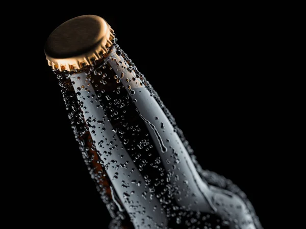 Nahaufnahme dunkler Bierglasflaschenhals auf schwarzem Hintergrund, 3D-Rendering. — Stockfoto