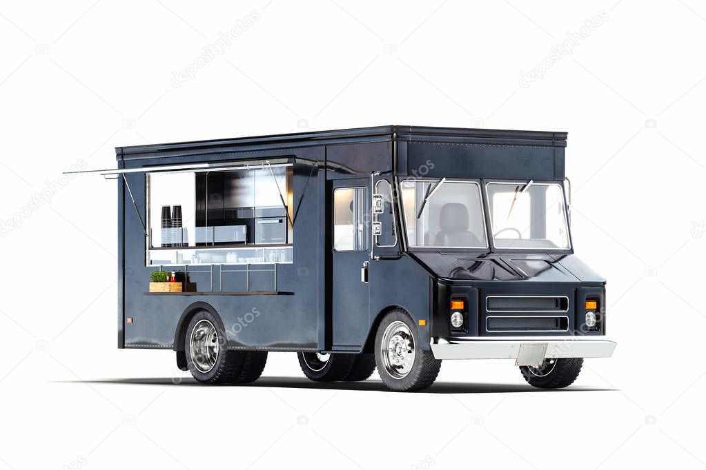 Black realistic food truck isolated on white with detailed interior . 3d rendering.