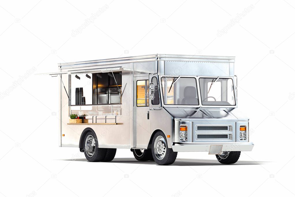 White realistic food truck isolated on white with detailed interior . 3d rendering.
