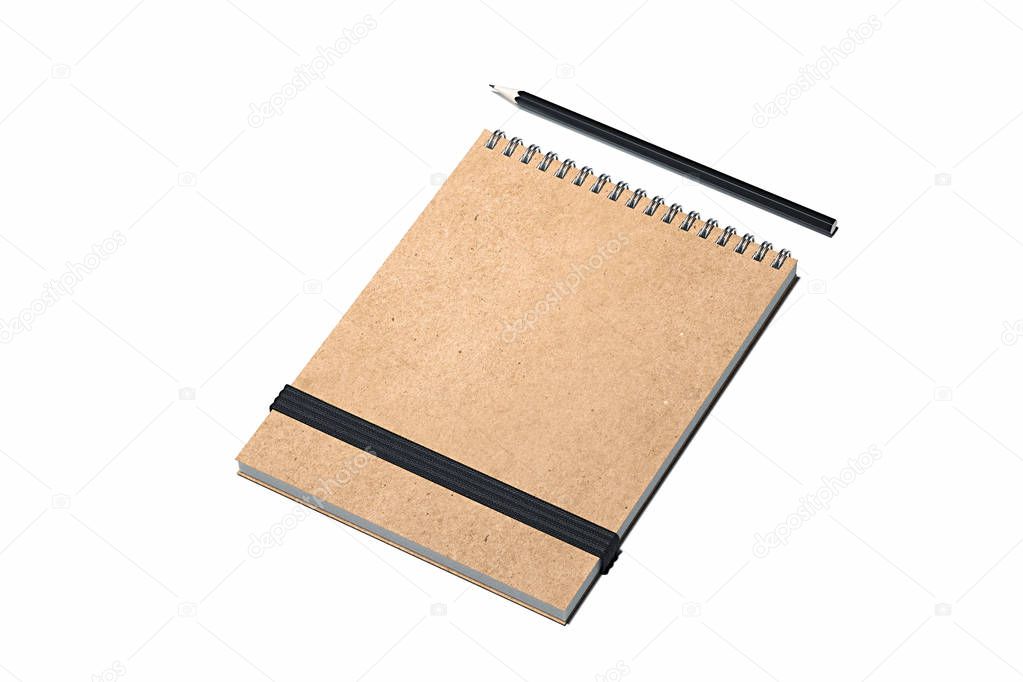 Realistic notepad with black elastic ribbon and black pencil isolated on dark background. Copy space. Empty space. 3d rendering.