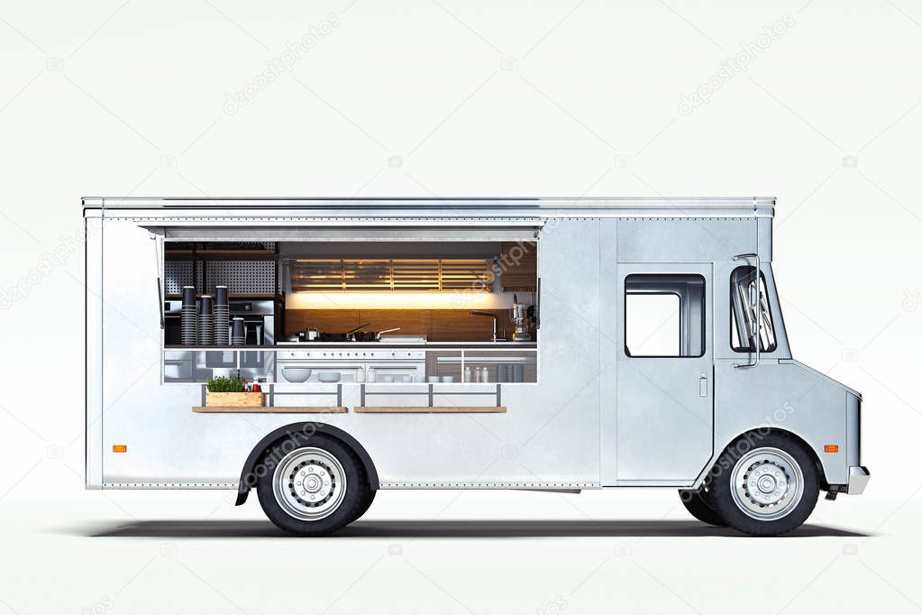 White realistic food truck isolated on white. Side view. 3d rendering.