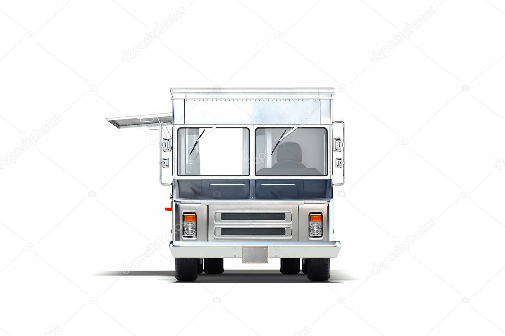 Silver metallic realistic food truck isolated on white. Front view. 3d rendering.