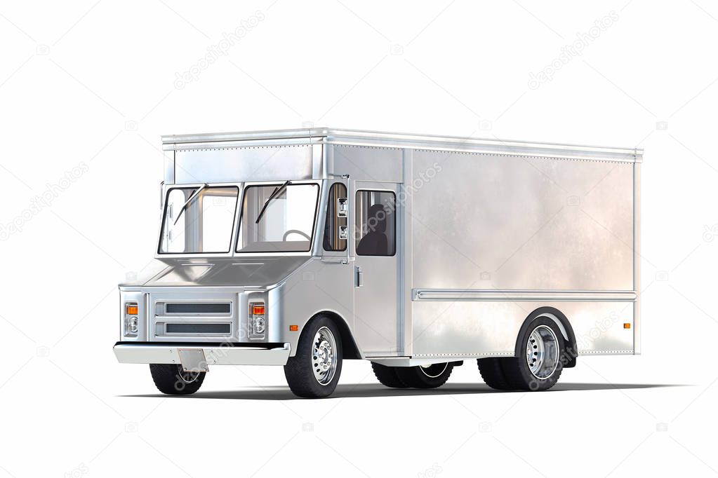 Silver metallic realistic food truck isolated on white. Copy space, Empty space. promo, advertising. 3d rendering.
