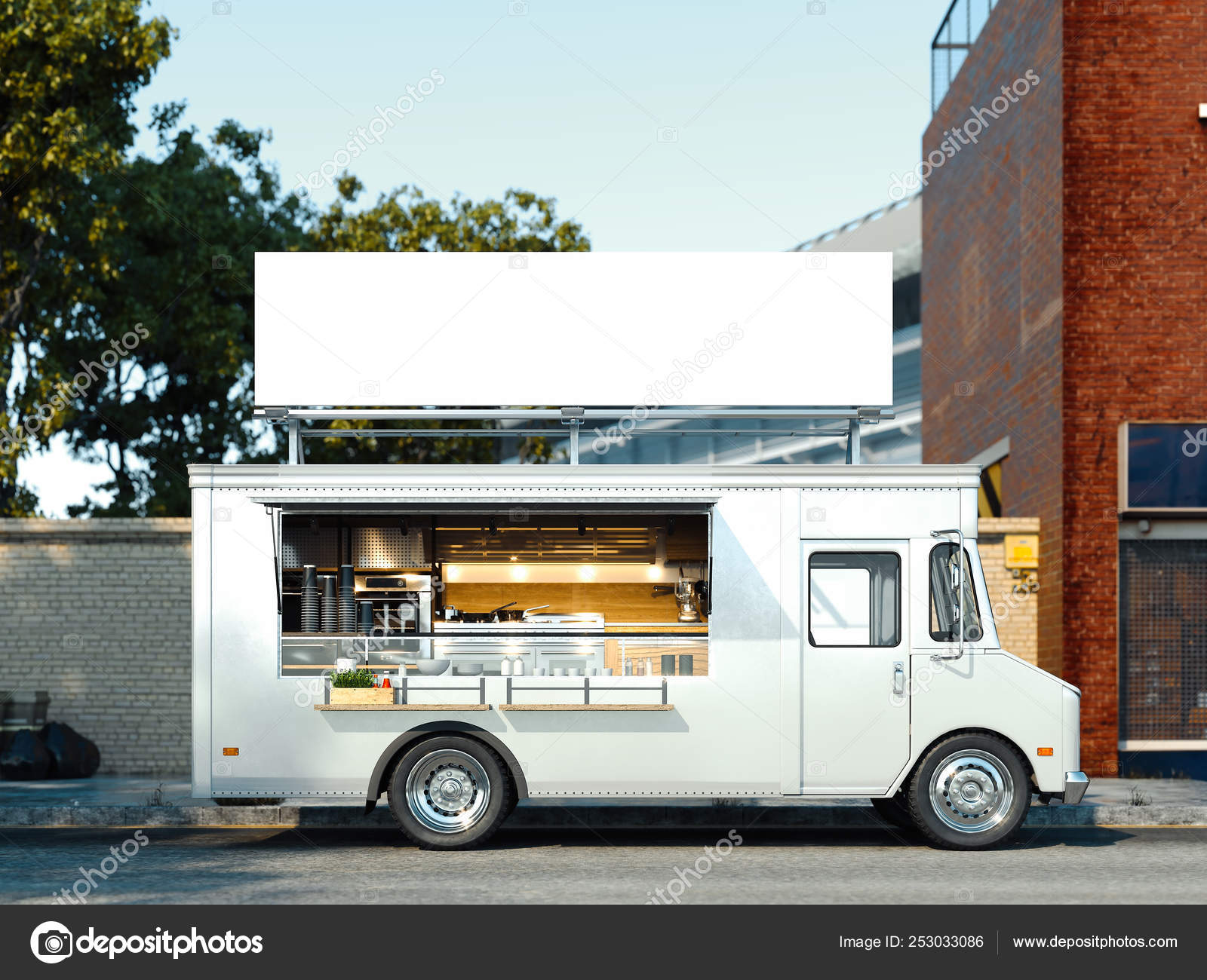 White Food Truck With Detailed Interior Takeaway Food And