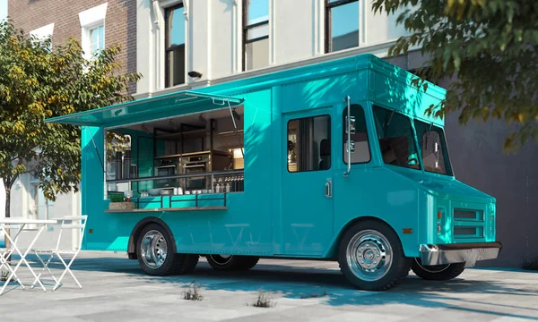 Aquamarine food truck with detailed interior on street. Takeaway. 3d rendering. — Stock Photo, Image
