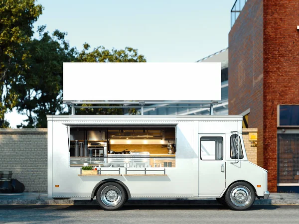 Witte voedsel vrachtwagen met gedetailleerde interieur. Afhaalmaaltijden eten en drinken. 3D-rendering. — Stockfoto