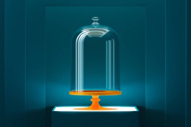 Mavi arka plan üzerinde kaide üzerinde boş alan ile Cam Vitrin. 3d render.