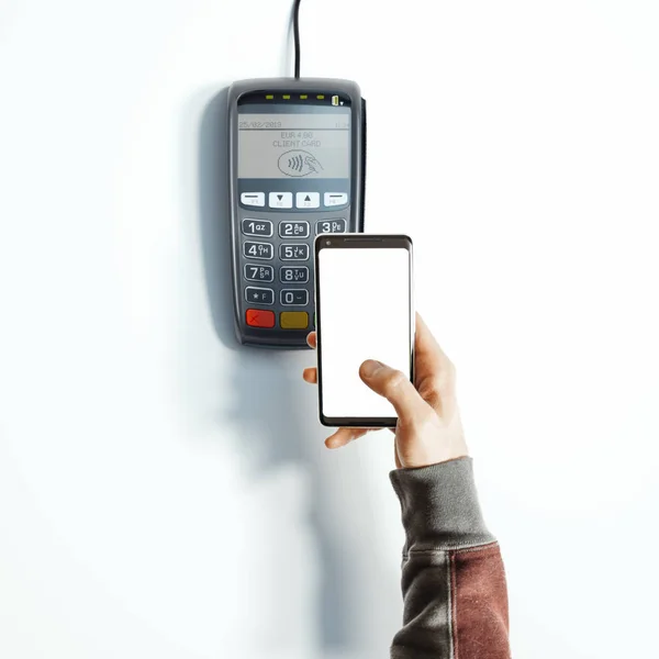 Mano, teléfono móvil con pantalla en blanco y terminal de pago POS. renderizado 3d . —  Fotos de Stock