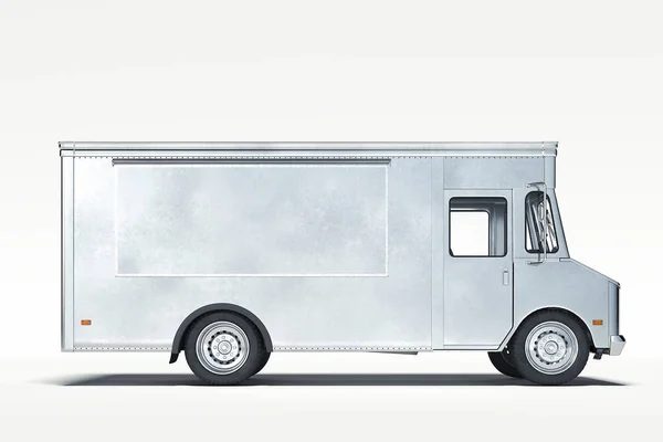 Silver metallic realistic food truck isolated on white. 3d rendering. — Stock Photo, Image