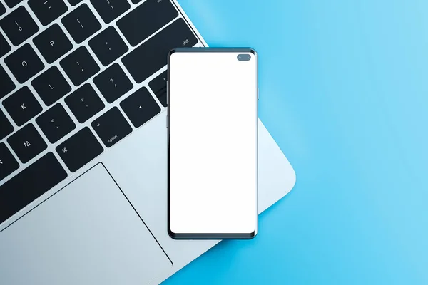 Teléfono móvil con pantalla en blanco en el portátil sobre fondo azul. renderizado 3d . — Foto de Stock