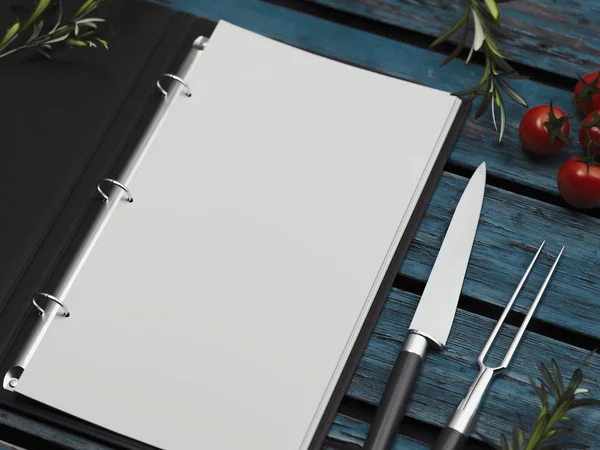 Menu met blanco papieren lakens met keukengerei op houten achtergrond. 3D-rendering. — Stockfoto