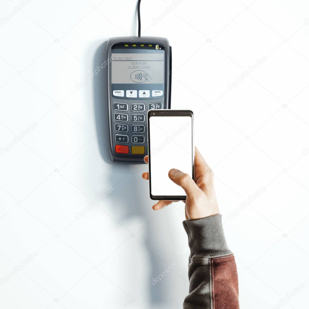 Hand, mobile phone with blank screen and POS payment terminal. 3d rendering.