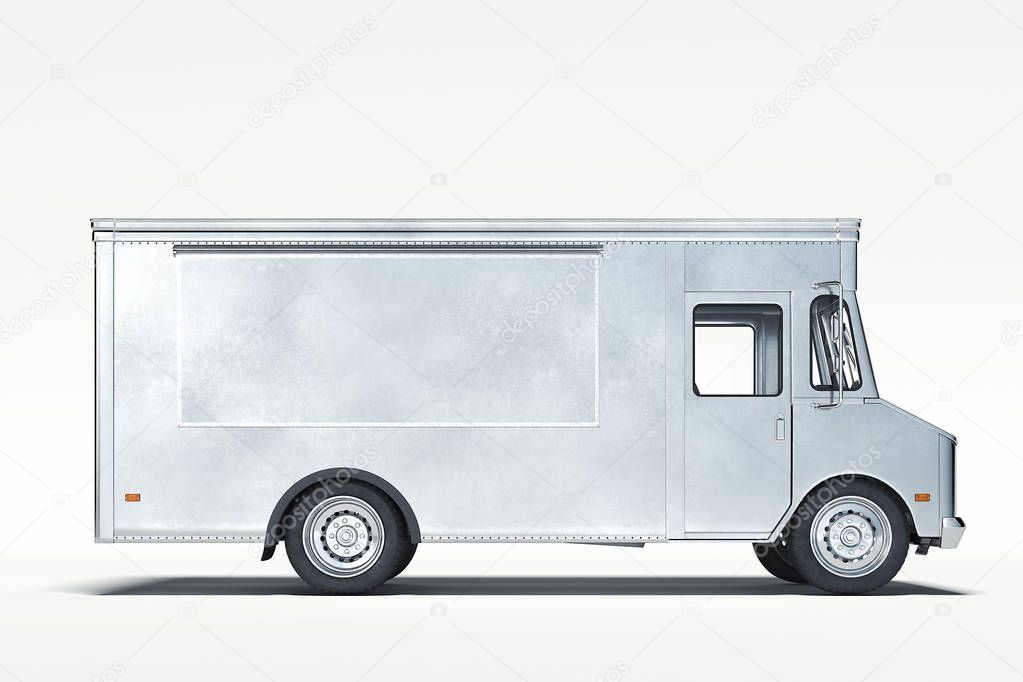 Silver metallic realistic food truck isolated on white. Copy space, Empty space. promo, advertising. 3d rendering.