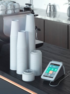 Pos ödeme terminali ve modern kafede paket kahve fincanları. Nfc. 3d render.