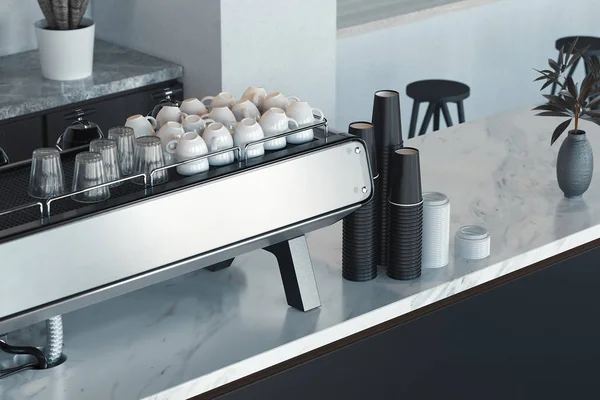 Macchina da caffè in argento metallizzato e tazze di caffè bianco sopra. rendering 3d . — Foto Stock