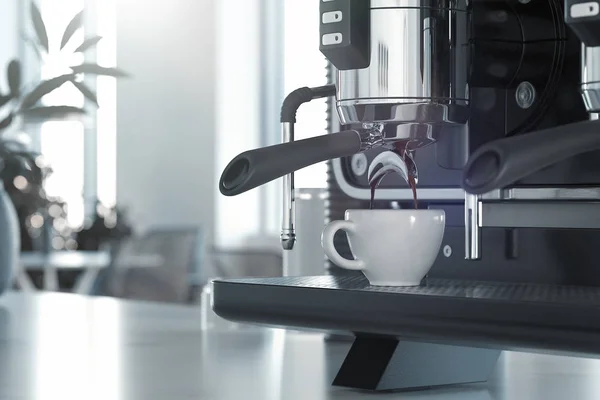 Metallic silver coffee machine in process of making fresh coffee. 3d rendering. — Stock Photo, Image