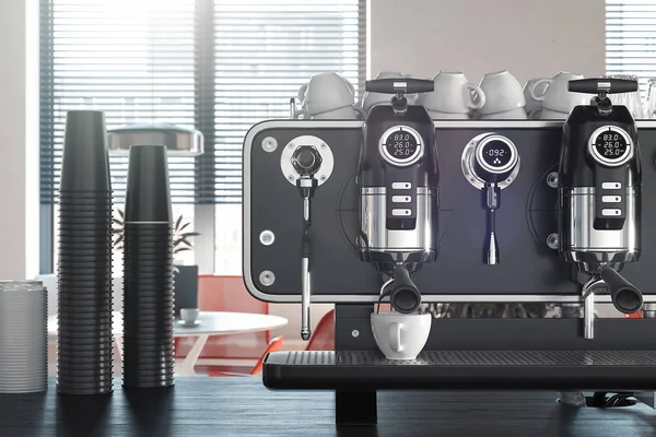 Metallic zilver koffiemachine in het proces van het maken van verse koffie. 3D-rendering. — Stockfoto