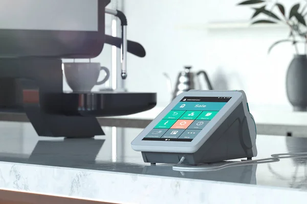 Terminal de pago POS y cafetera en la cafetería moderna. NFC. renderizado 3d . — Foto de Stock