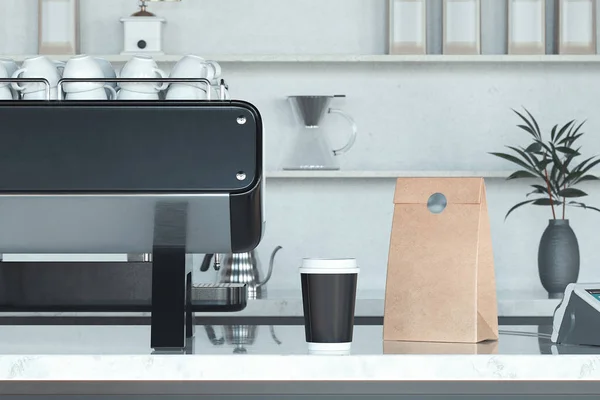 Metallic silver coffee machine, takeaway cup and paper bag. 3d rendering. — Stock Photo, Image