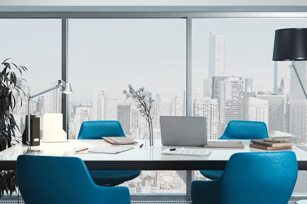 Modern vergaderruimte interieur met groot raam, blauwe fauteuils. 3D-rendering. — Stockfoto