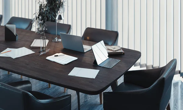 Elegante sala conferenze interna con grande finestra e tavolo in legno. rendering 3d . — Foto Stock