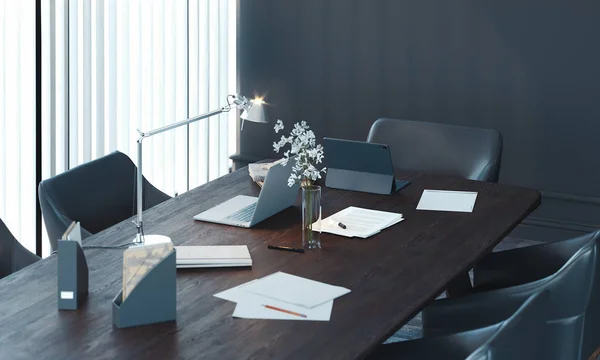 Elegante sala de conferencias interior con ventana grande y mesa de madera. renderizado 3d . —  Fotos de Stock