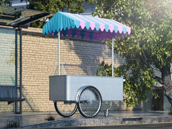 Többszínű fagylaltkocsi a tájon. 3D renderelés. Utcai ételek. — Stock Fotó