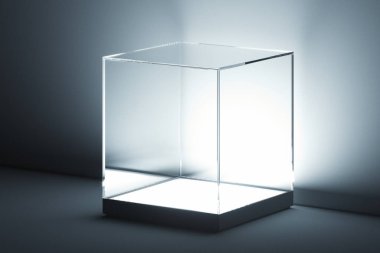 Beyaz arka plan üzerinde cam ve boş alan ile Modern Vitrin. 3d render.