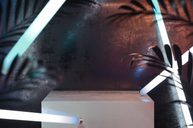 Neon ışıklı soyut arka planda lambalarla vitrin. 3d render.