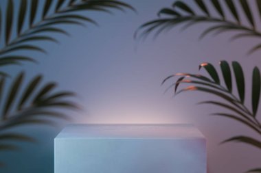 Tropik bitkiler ile ışıklı soyut arka plan üzerinde Vitrin. 3d render.